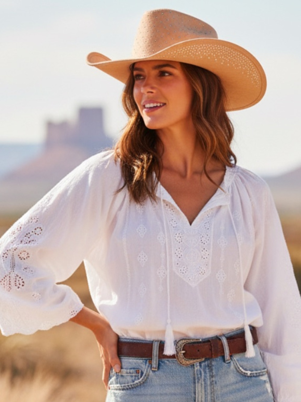 Women's Cream Tan Crystal-Stud Cowboy Hat